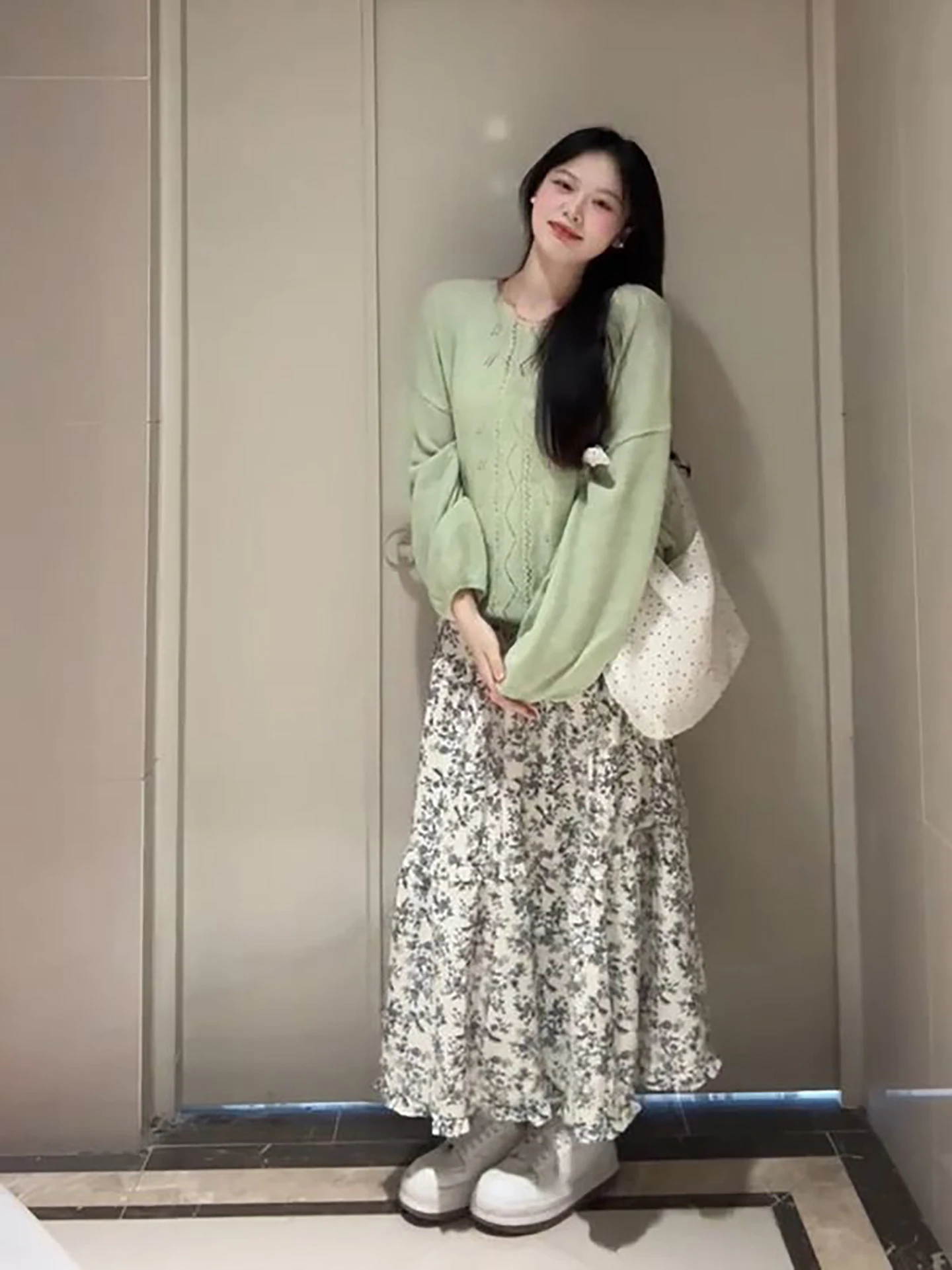 

Mint Green Knitted Cover up Floral Print Half Skirt Set for Students 2026 New Arrival Elegant Gentle Style Two Piece Women's ...
