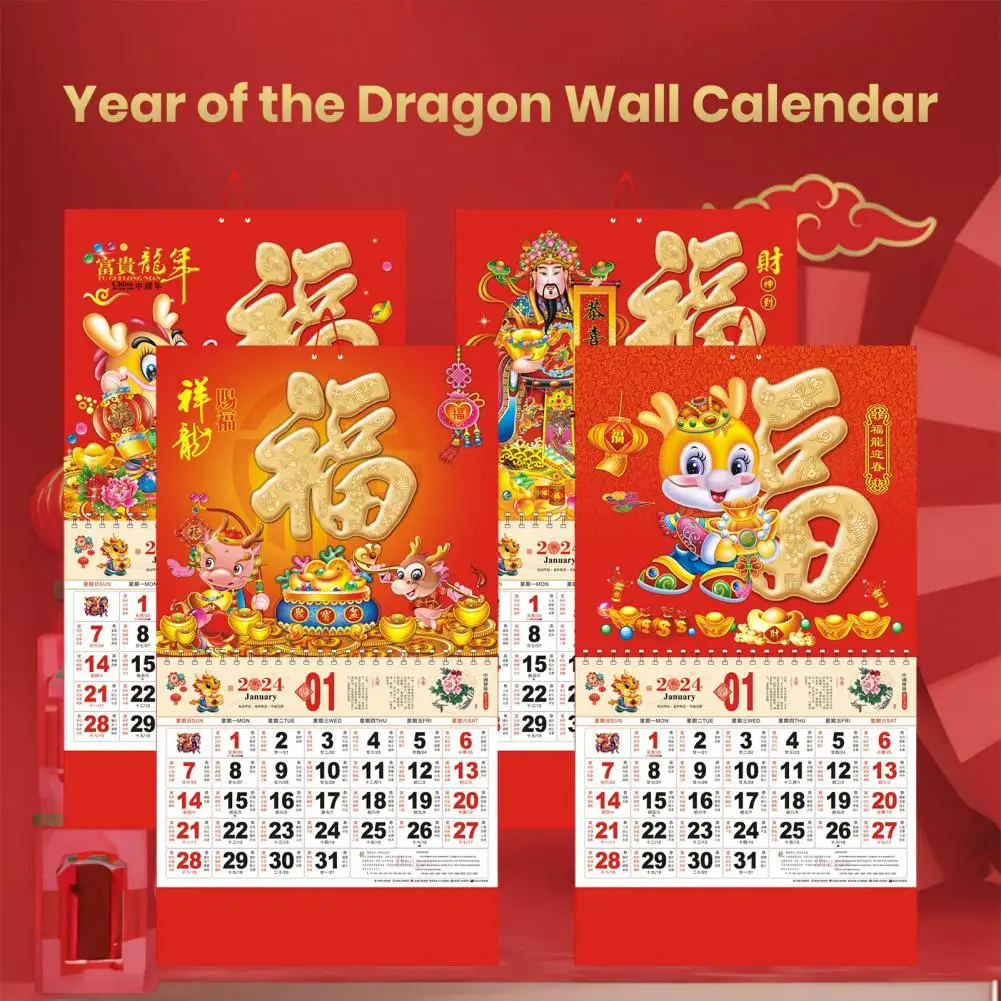 Szczegółowy kalendarz treści 2024 chińskie noworoczne, ścienne wiszące kalendarze tradycyjny księżycowy wystrój domu ze smokiem