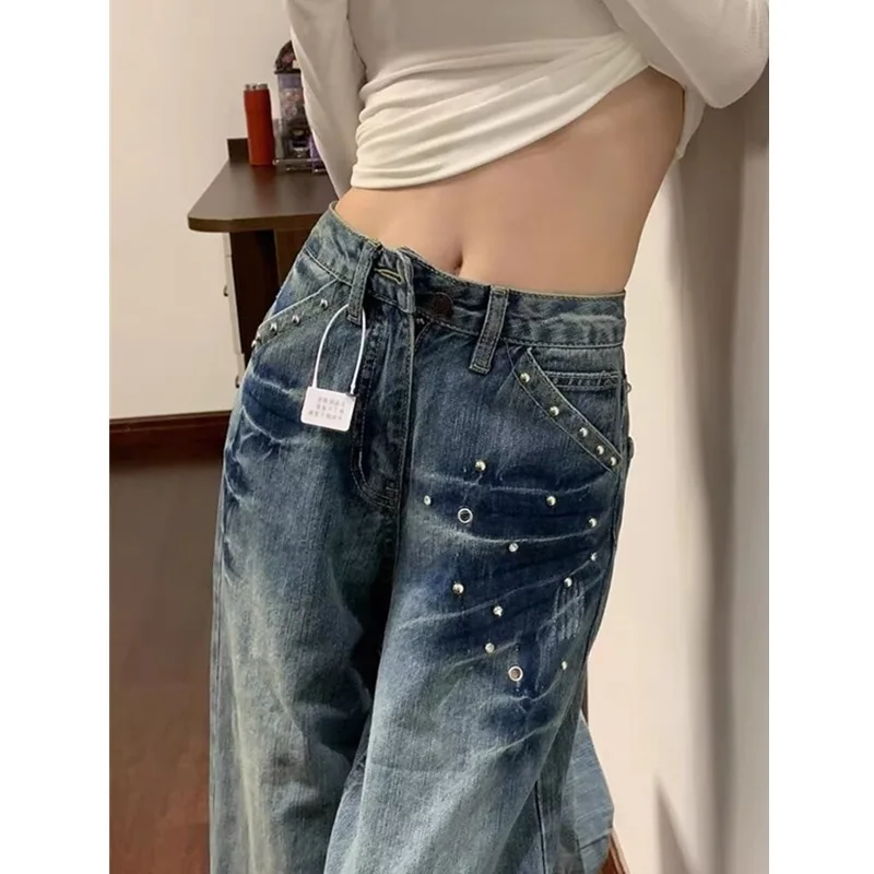 

American Retro High-waist Rivet Straight Jeans Women Spring Autumn Denim Trousers High Street Sense Loose Thin Wide-leg Pants