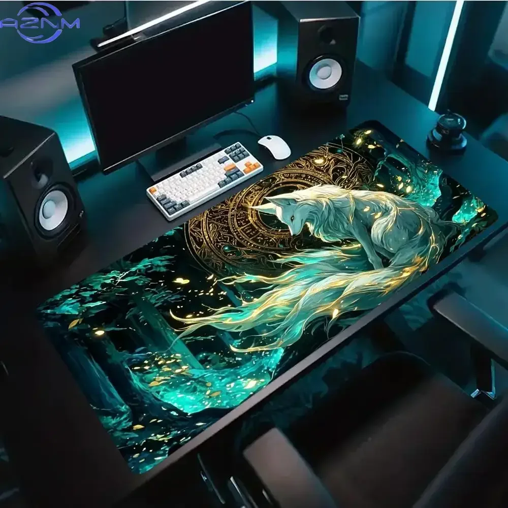 Mousepad Nine Tailed Fox Forest Print Anti Slip Rubber Desk Mat Stitched Edge Keyboard Pad For PC Laptop Gamers Table Accessory