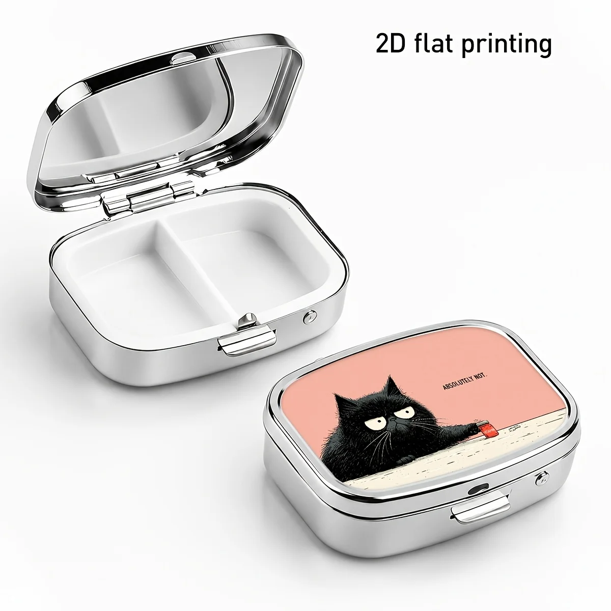 Black Cat and Mini Medicine Jar Design, Fresh and Warm-Toned Pattern, Square Small Medicine Box, Romantic Retro Style, Two-Compartment Portable Metal Storage Box, for Storing Medicines, Vitamins, and Accessories, Lightweight and Durable, Suitable for Home, Outdoor, and Travel, Compact and Aesthetically Pleasing.