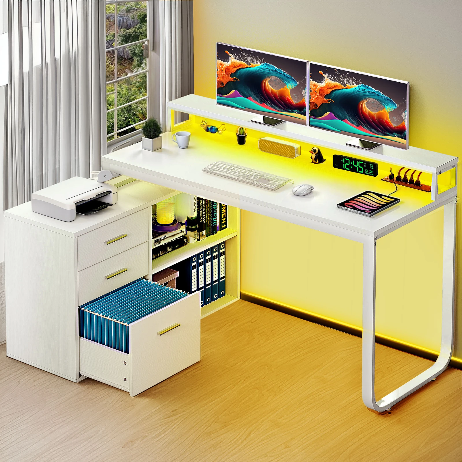 

55" L Shaped Gaming Desk LED Corner Table File Cabinet w/ USB Power Outlets Home