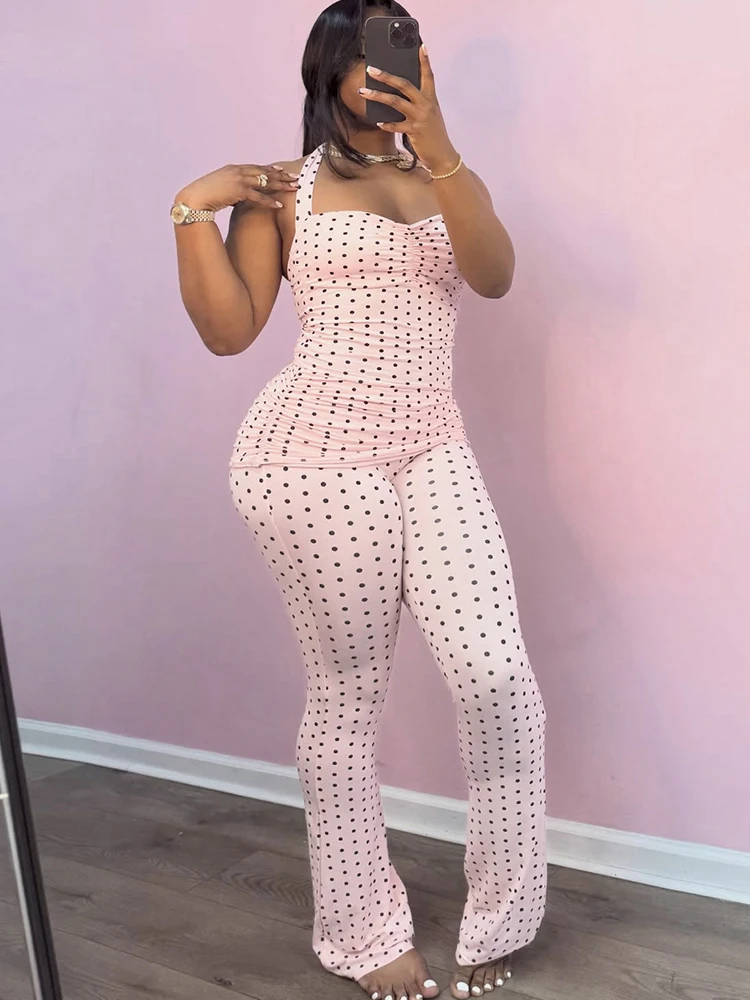

Kliou Polka Dot Print 2 Piece Set Woman Bandage Halter Low-Neck Backless Tank Tops+Skinny Long Pants Y2K Casual Fashion Suits