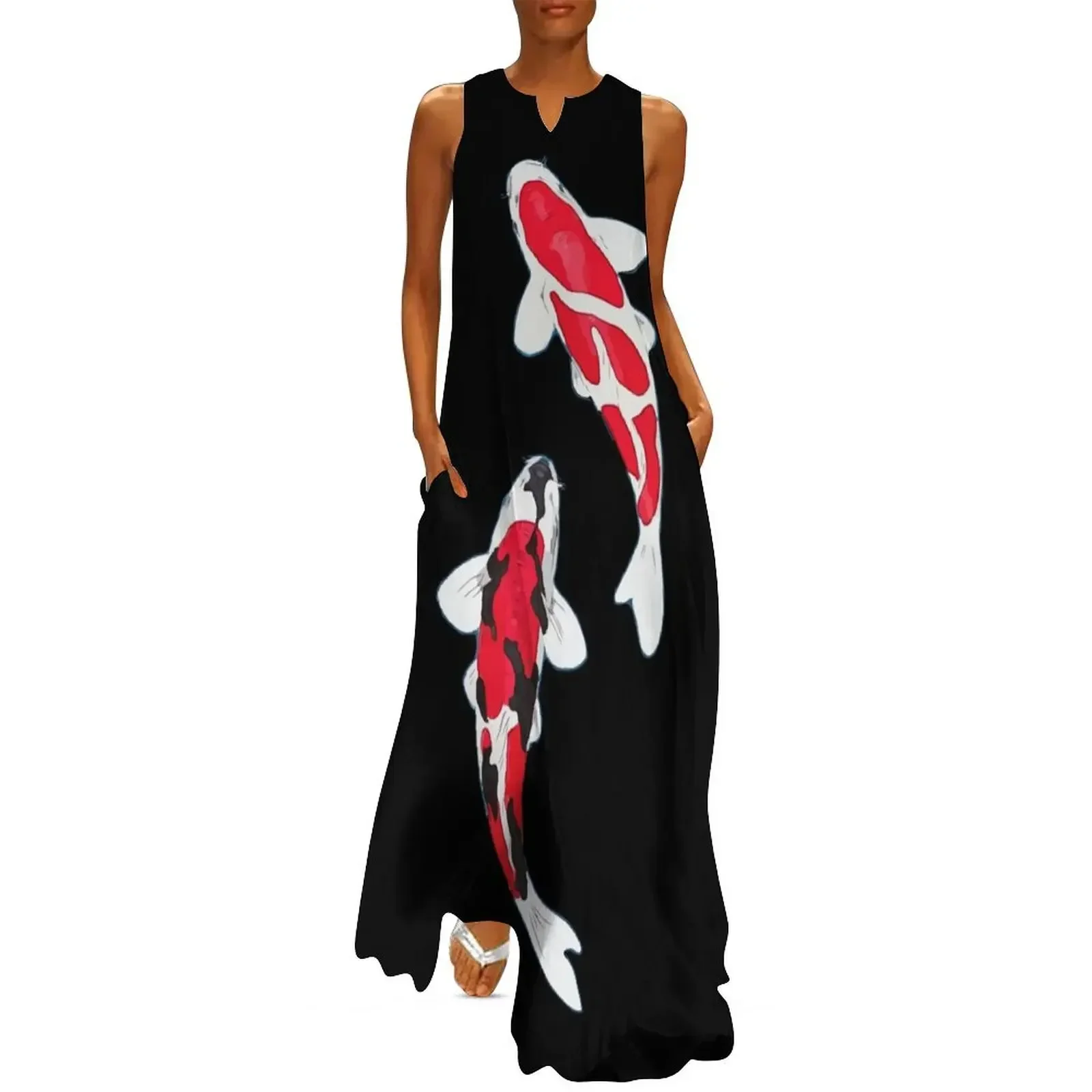 

Koi Fish Kuhaku Showa Sanke Koi Fish Design Black Background Long Dress elegant chic wedding evening dresses Dress