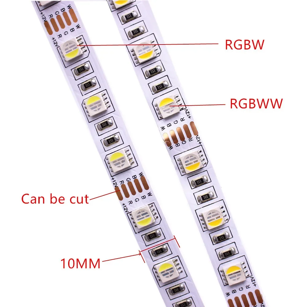 10MM PCB RGBW RGBWW LED 스트립 5050 DC12V 24V 유연한 빛 RGB + 화이트/RGB + 따뜻한 화이트 4 색 1 LED 칩 60 LED/m 5 메터/몫.