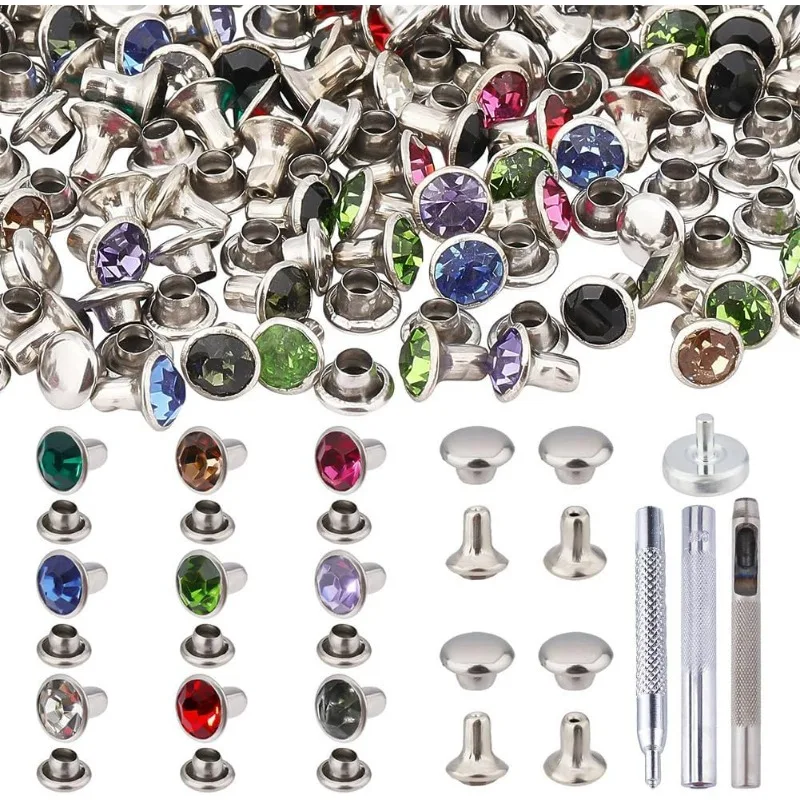 

200 Sets Rhinestone Rivets Brass Crystal Rivets Studs with Pieces Setting Tool Kit Colorful Rivets for Leather Craft DIY Making