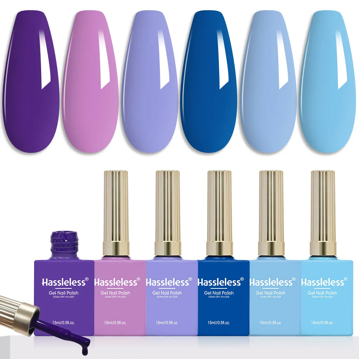 

Набор гель-лаков для ногтей Hassleless, 6 штук, однотонные, 15 мл каждый, синий и фиолетовый набор лаков, снимаемые, требуют УФ/LED-отверждения, цветные флаконы для салонного маникюра, подарок для нейл-арта, упаковка в стеклянных флаконах, идеальный празд