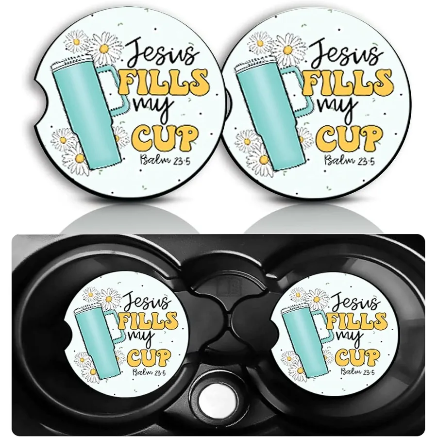 

Jesus Fills My Cup Car Cup Holder Coasters Set of 2Religious Car Accessories 2.75" versal Size Anti Slip Rubber Mat Recessed Au
