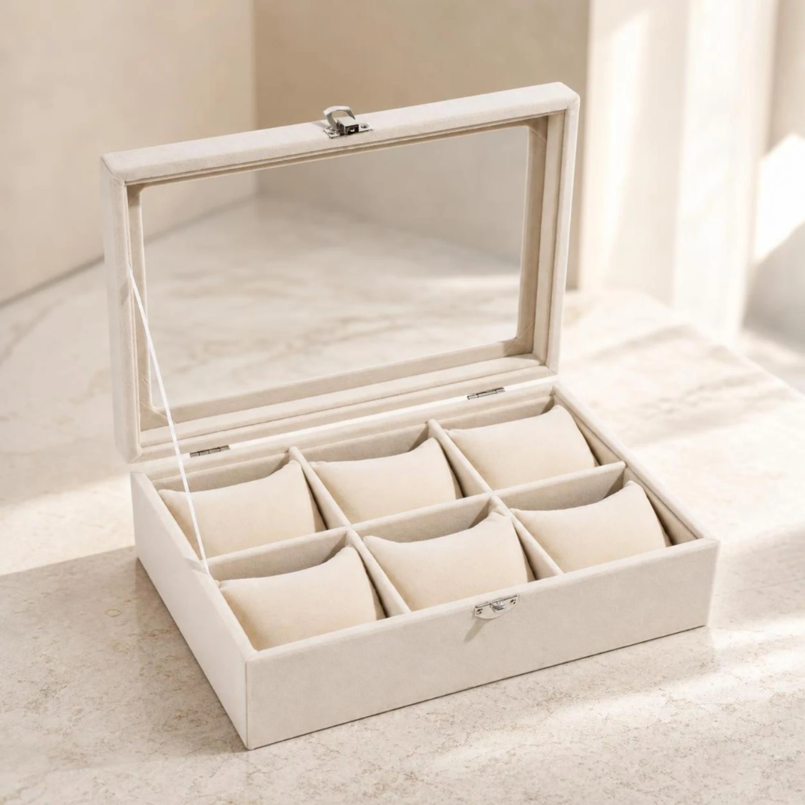 Watch Storage Box with Clear Lid Modern 6-Slot Watch Organizer Premium Elegant for Men, Dresser, Nightstand