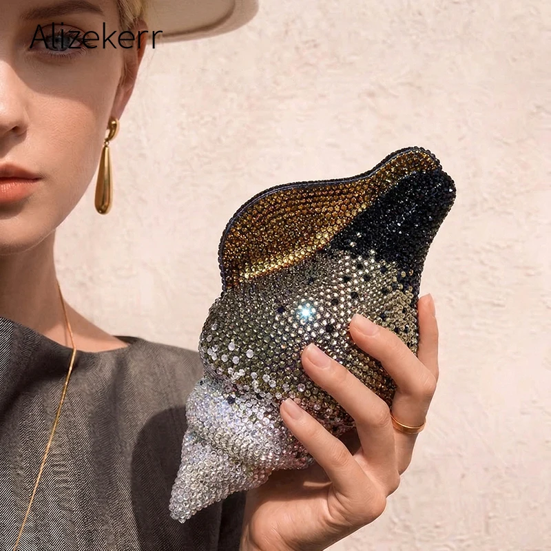 

Alizekerr Conch Shaped Crystal Evening Bags Women Gorgeous Bling Rhinestone Metallic Purses Ladies Unique Handbags Wedding Party