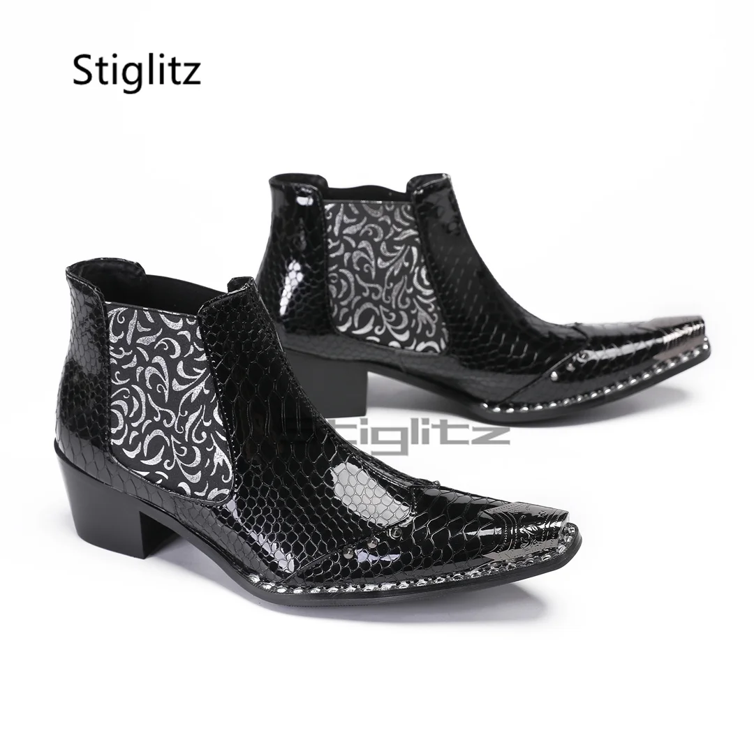 

Men's Black High Heels Chelsea Boots Crocodile Pattern Prints Metal Pointed Toe Ankle Boots for Men Slip On Genuine Leather Shoe