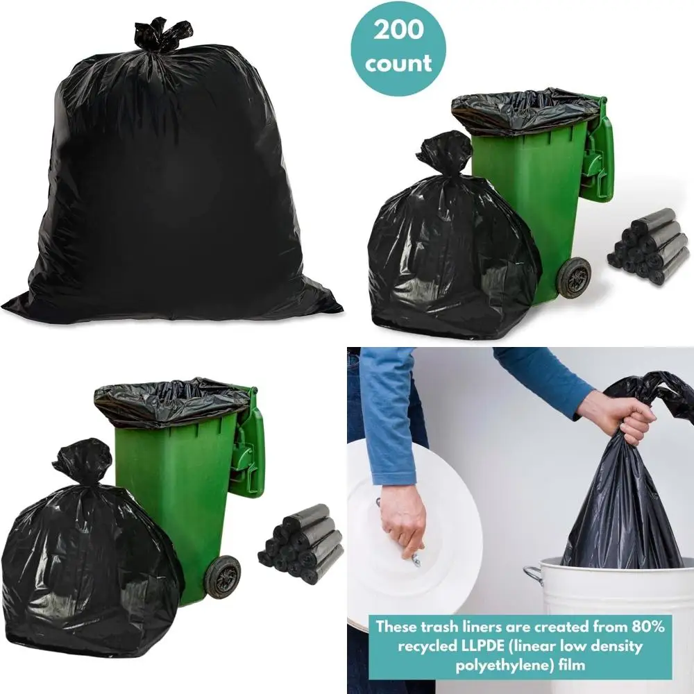 

Прочные черные мешки для мусора объемом 33 галлона, упаковка 200 штук, толщина 1,5 мил, идеально подходят для коммерческого использования, кухонь, складов, офисов и уборки.