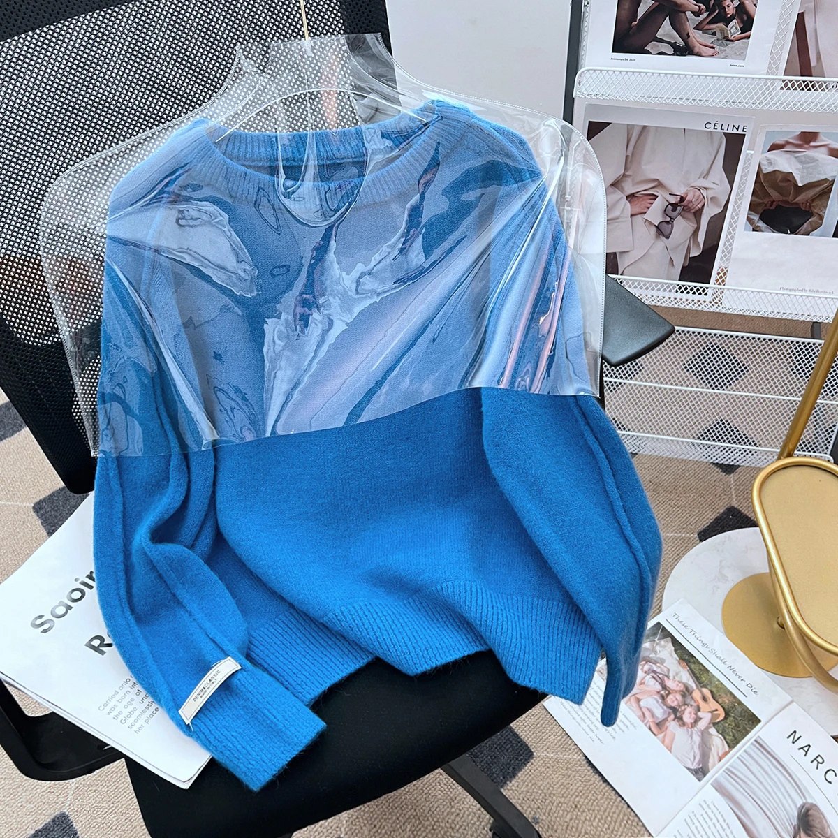 

Модный универсальный вязаный свитер цвета Кляйн синий для женщин, осенне-зимний пуловер с круглым вырезом, утолщенный, из смесовой ткани полиэстер-шерсть