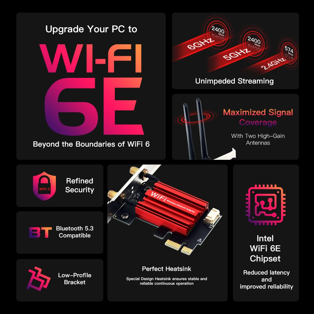 WiFi 6E AX210 PCIe Adapter Tri-Band 2.4G/5G/6GHz Bluetooth 5.4 Wireless Network Card 5400Mbps for Windows 11/10 Desktop PC