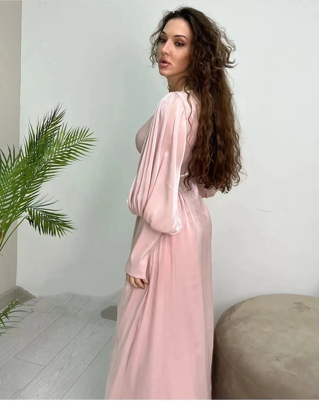 Flora Dress Pink Chiffon Muslim A Line Evening Dress O-Neck Long Sleeves Arabic Pleated Prom Party Gown Vestidos De Noche