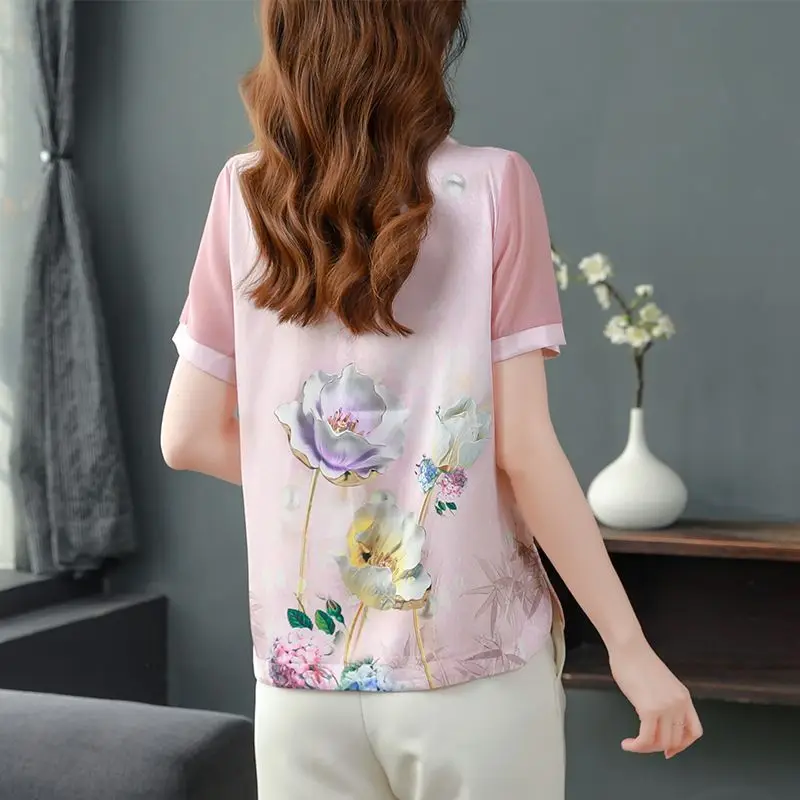 Female Clothing Retro Tees Short Sleeve Blouse 2023 Summer New Women\'s T-shirt Fashion Floral Printing Elegant Casual Tops