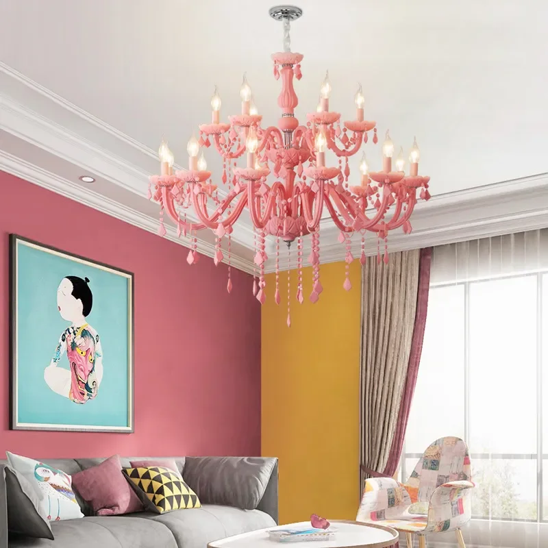 Pink crystal chandelier living room warm light bedroom beauty salon macaron style decorative chandelier