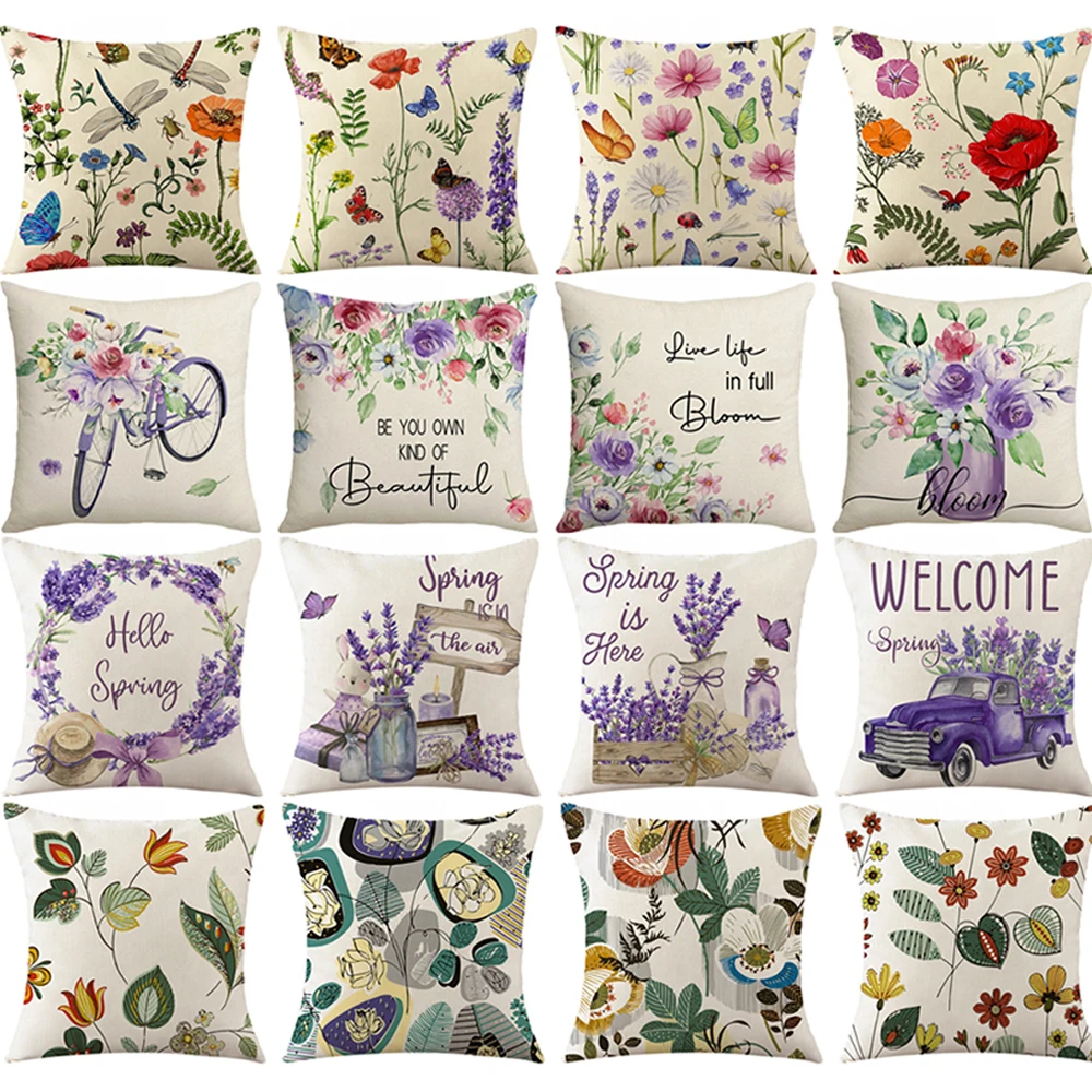 

Spring Flowers Pillowcase 45x45cm Floral Cushion Cover Purple Lavender Print Pillow Covers Home Sofa Decor Cushion Pillows Cover