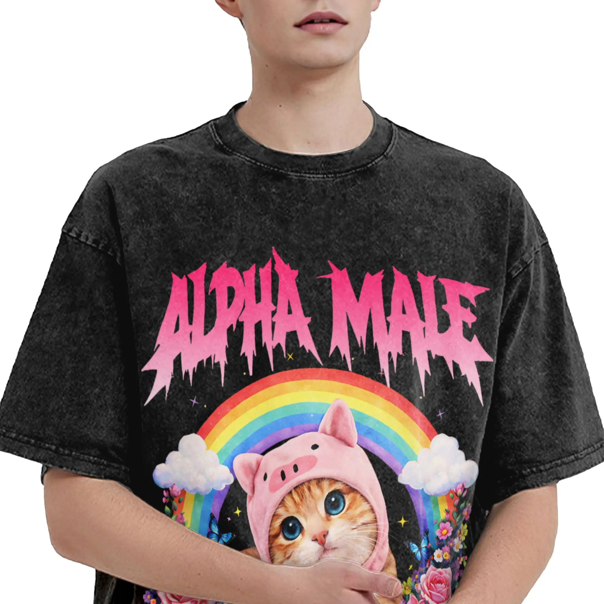 Alpha Male Funny Cat Kitten Rainbow Floral T-Shirt Beach Aesthetic T Shirts Cotton Popular Tshirt For Man Short Sleeve DIY Tees