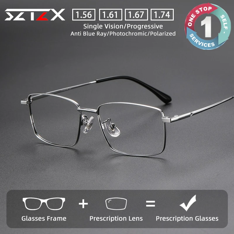 SZTZX Business Pure Titanium Rectangle Versatile Prescription Glasses Anti Blue Light Myopia Glasses Progressive Reading Eyewear