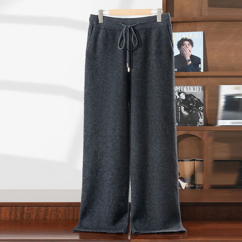 

Autumn/Winter 100% Cashmere Men's Pants Casual Solid Color Knitted Straight Leg Pants Elastic Waist Pocket Air Layer Thick Pants