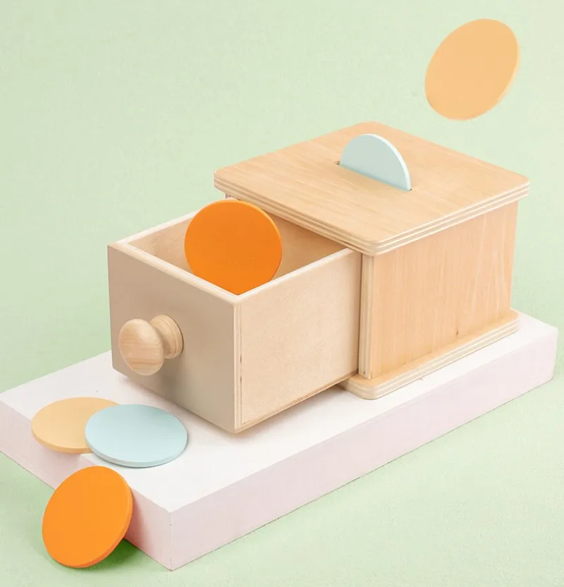 Kid Educational Toy Children Montessori Object Permanence Box Hammer Box Macaron Wooden Toys Coin Ball Textile Drum Drawer Box