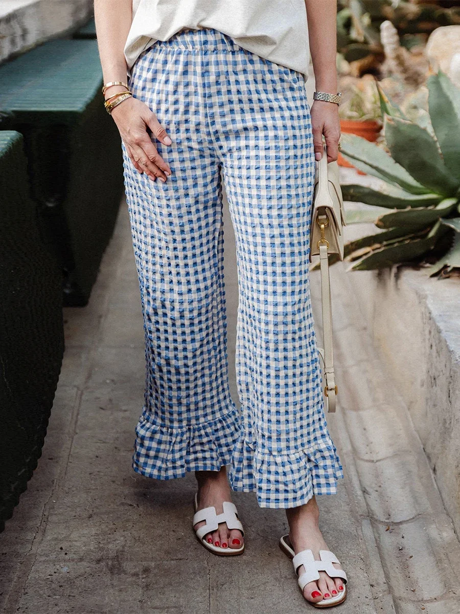 Women Y2k Gingham Pants Ruffle Hem High Waist Lounge Pants Cute Checkered Going Out Pants Pajama Bottom Streetwear