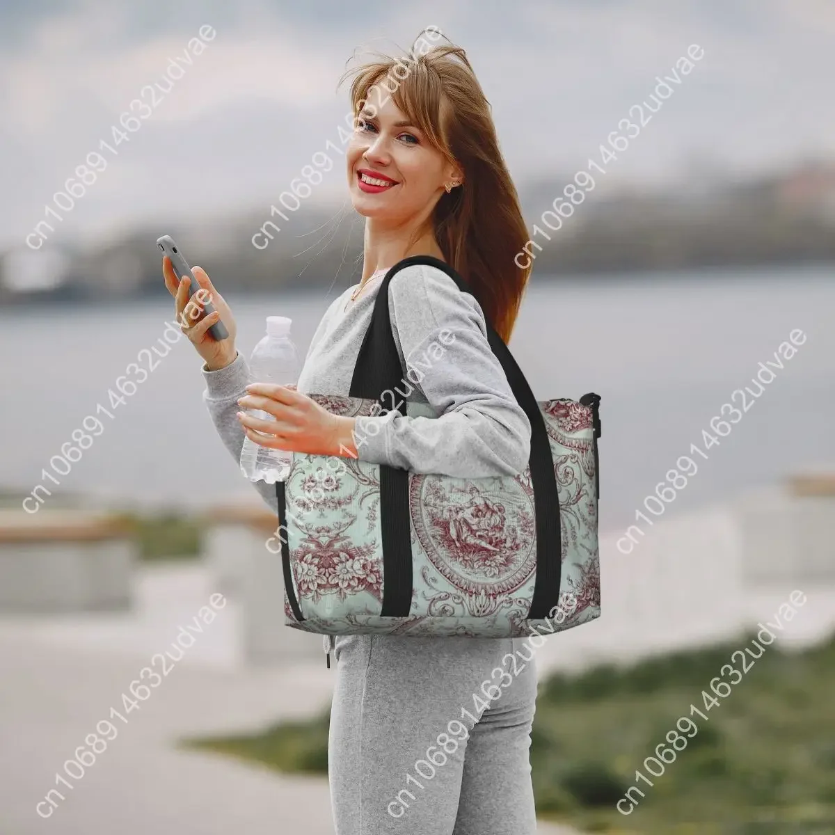 Tas Tote Motif Toile De Jouy Biru Dongker Prancis Kustom, Tas Bahu Wanita Kapasitas Besar, Seni Tradisional, Tas Olahraga, Pantai, dan Perjalanan