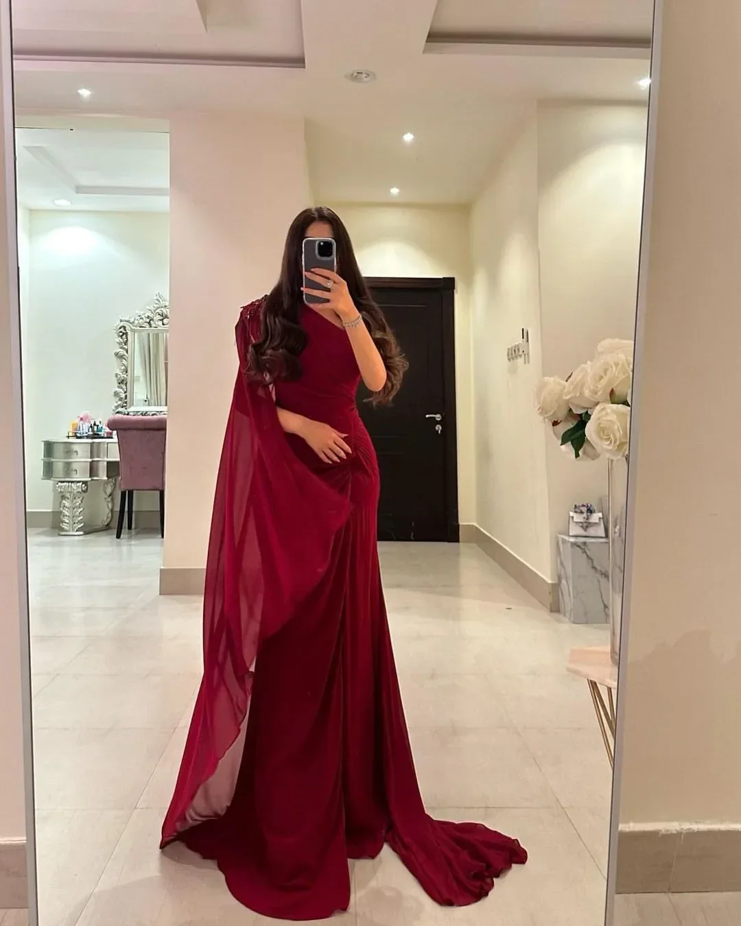 

Burgundy One-Shoulder Prom Dresses Beaded Chiffon Evening Dresses Mermaid Watteau Train Elegant Wedding Party Dresses For Women