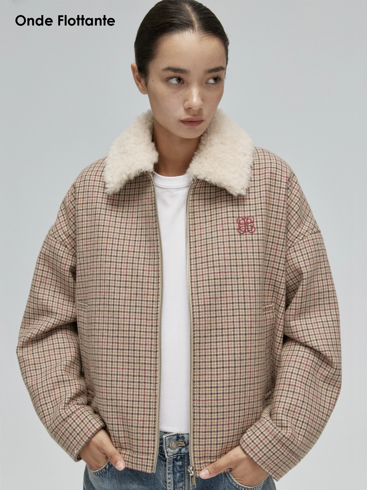 

Onde Flottante Full Wool Plaid Outerwear Zipper ort Pilot Jaet Coat with Fur Collar Briti Sle Commute Loose Fit