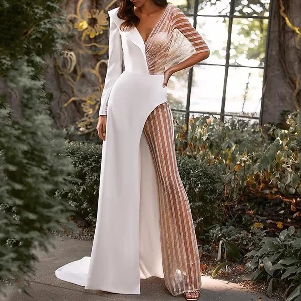 Robe de mariée en tulle à manches longues et col en V pour femmes, robe fendue dans le dos, robe de soirée de Rh, vêtements de mode sexy