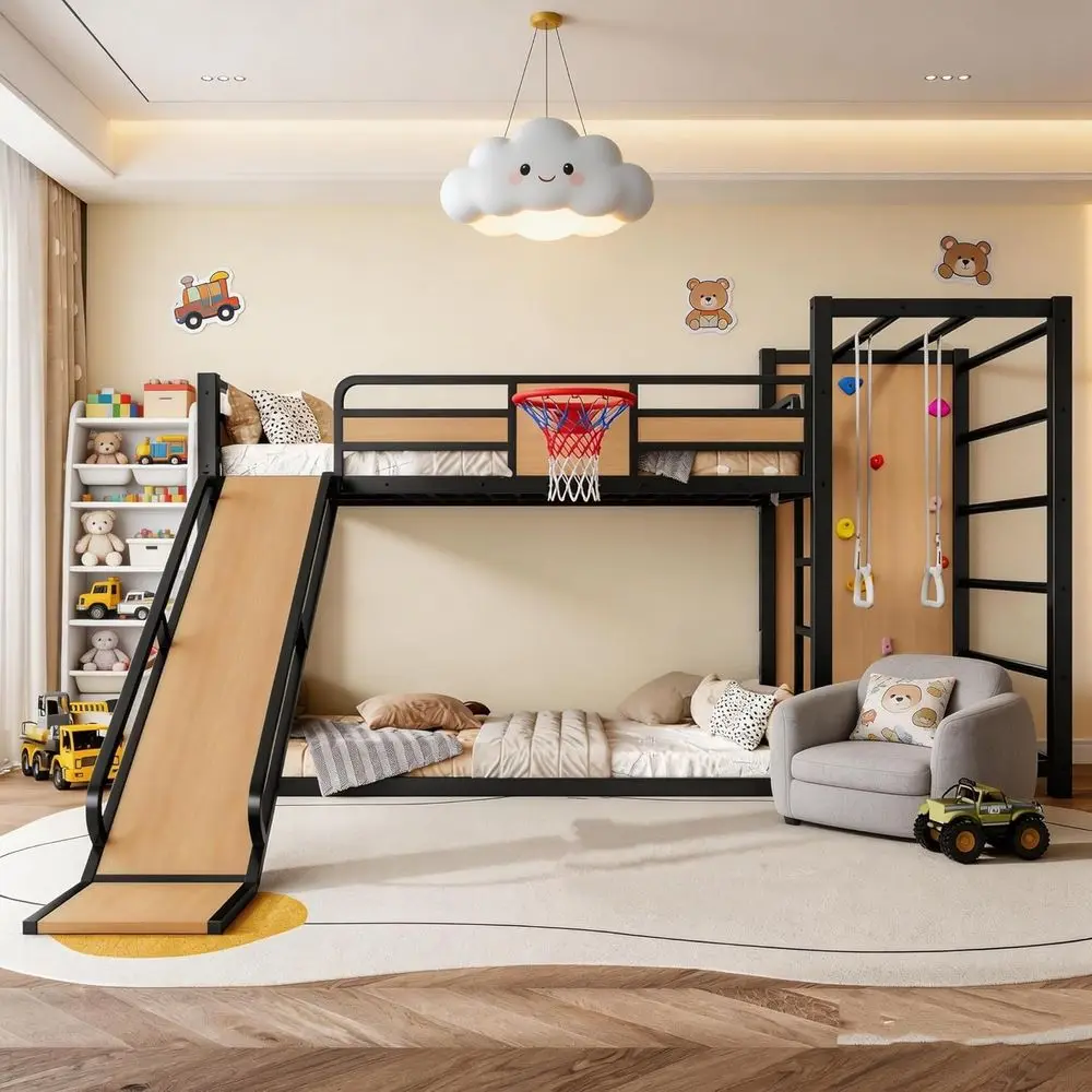 Twin Size Metal Bunk Bed with Slide, Basketball Hoop, Climbing Wall, and Storage for Kids in Jungle Theme, Yellow