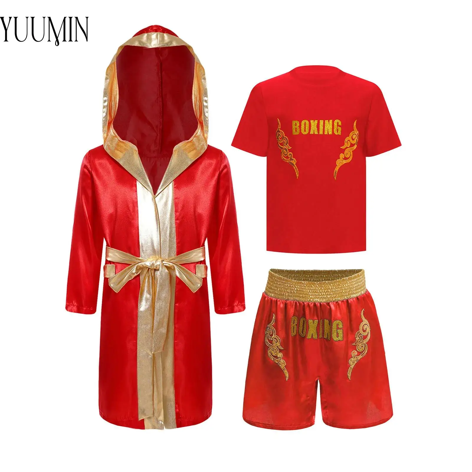 

3-х предметный детский боксерский наряд для мальчиков, футболка с круглым вырезом и пайетками, комплект с шортами, халат и пояс, костюмы для косплея на Хэллоуин