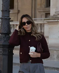 Autumn Women Fashion Burgundy Red Sweater Knitted O-Neck Long Sleeves Slim Single Breasted Cardigan Vintage Woman Top