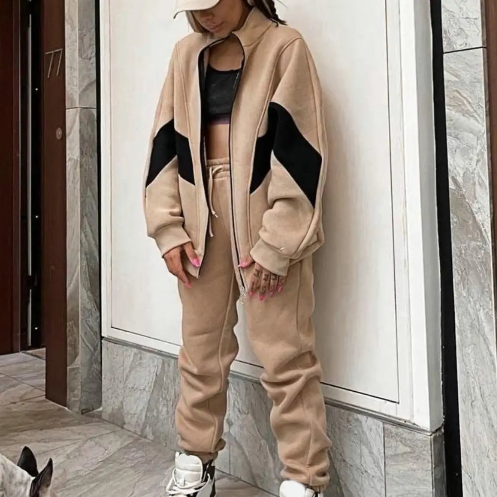 

2Pcs/Set Sweatshirt Sweatpants Contrast Color Patchwork Coat Elastic Waist Pants Two Piece Set Autumn Winter Loose Tracksuit