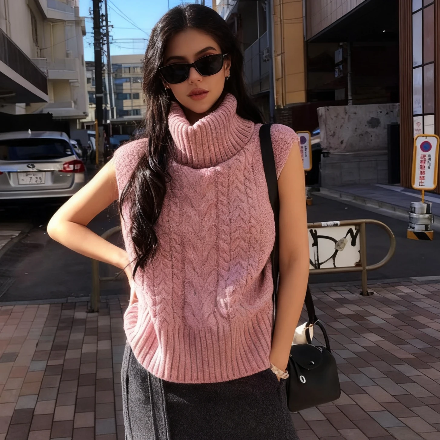 

Трикотажная ткань розового/серого цвета, стильная многослойная одежда без рукавов для осени, женский шикарный вязаный водолазный жилет, мягкий и теплый