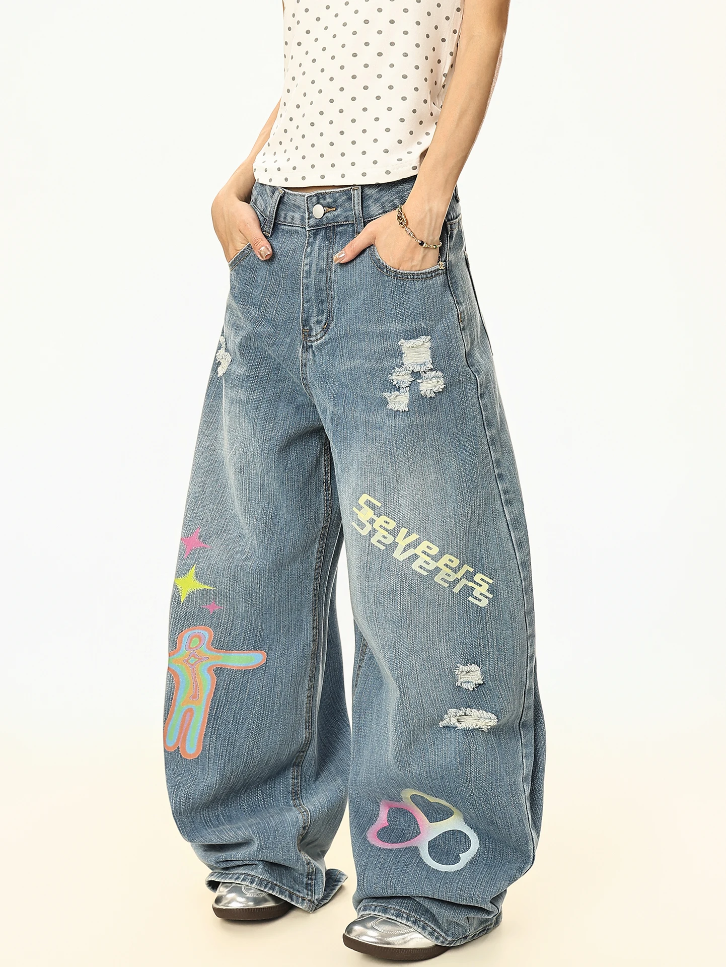 

High Waist American Sle Vintage Waed Ripped Print Denim Pants Women Summer Loose Wide Leg Knife Jeans Casual Wear