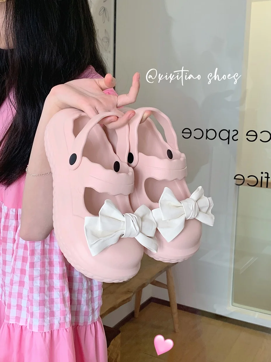 

Cute Bow Mary Jane Women's EVA Garden Shoes For Spring And Summer Sandals Women Bathroom Wearing Beach Slippers