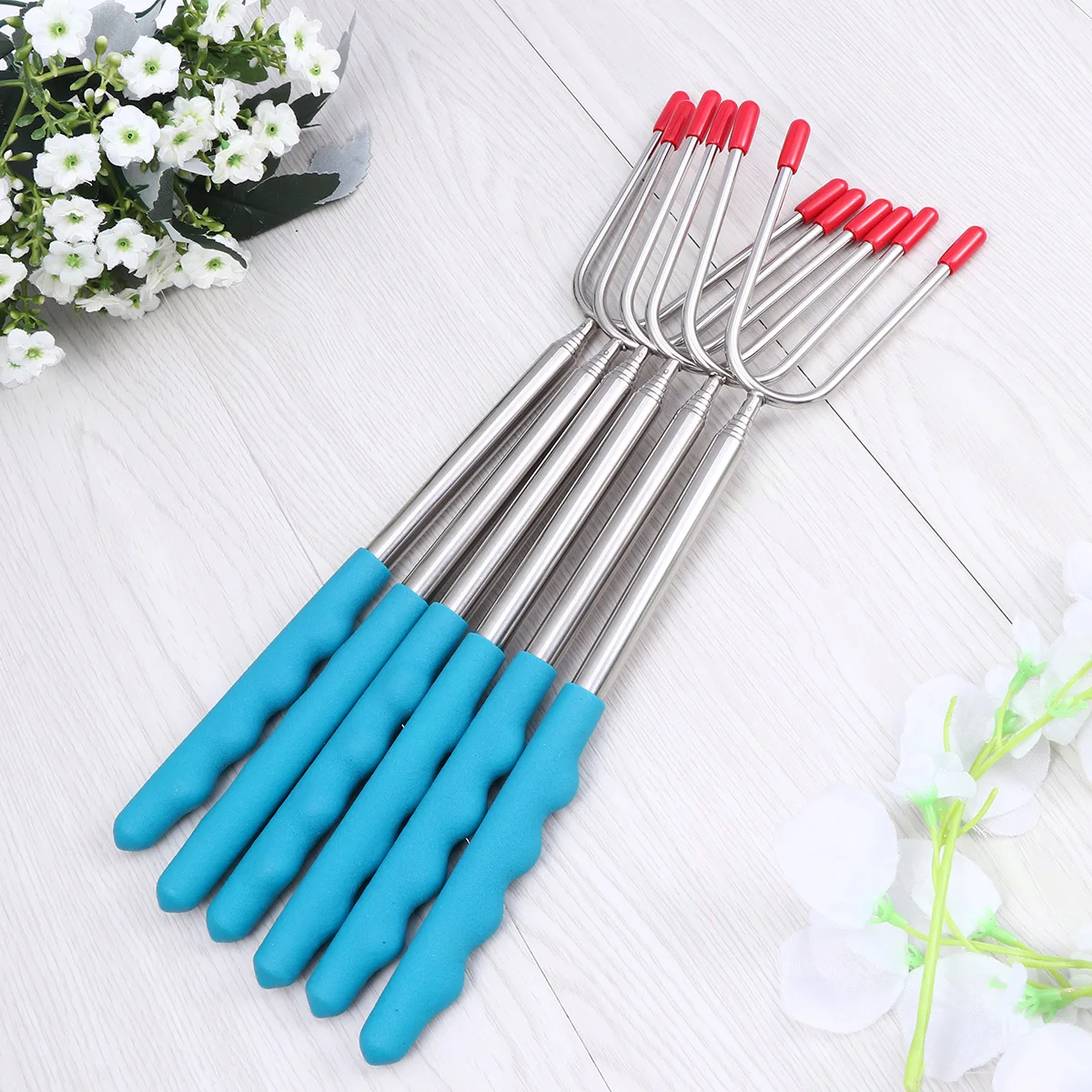 

6pcs Telescoping Roasting Sticks Stainless Steel Skewers Blue Extendable Bbq Forks For Camping Beach Cookware Outdoor Dining