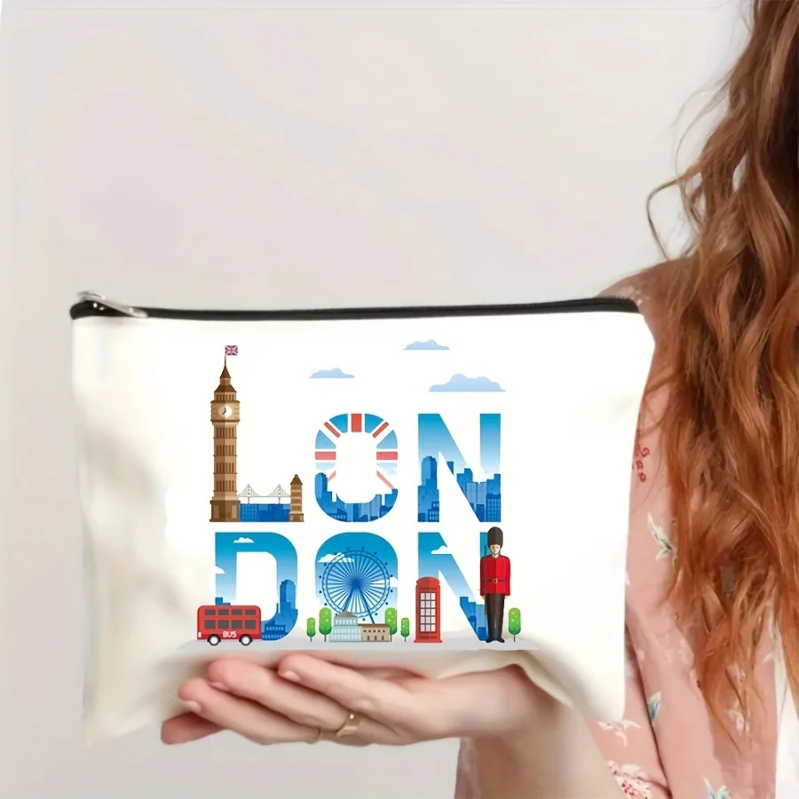 London‑Themed Canvas Makeup Bag, Iconic Landmarks Print Travel Cosmetic Organizer Zipper Pouch for Women
