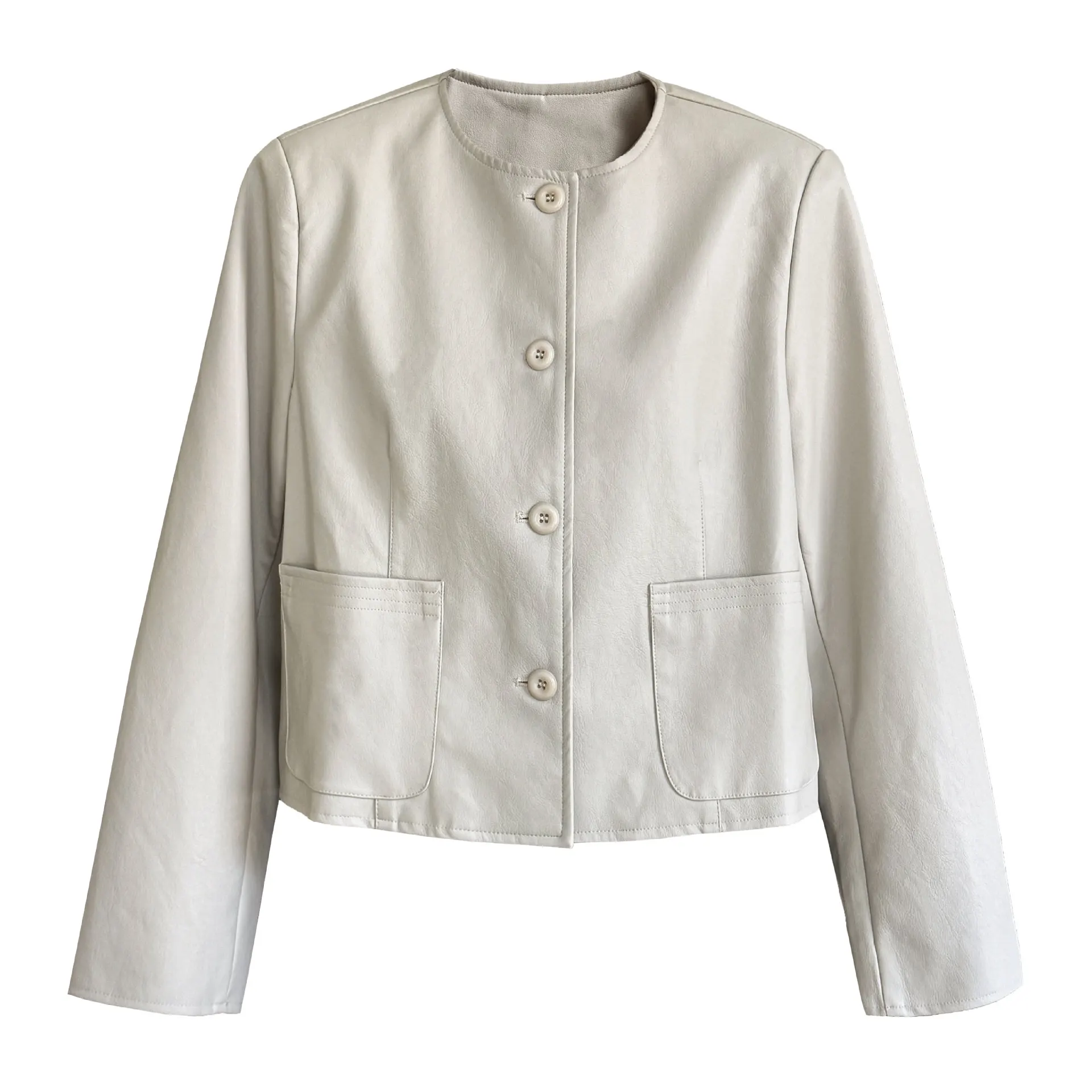 Abbigliamento autunnale nuovo cappotto casual in PU a maniche lunghe o-collo giacca in pelle monopetto da donna
