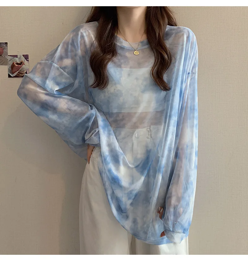 Mesh Sun Protection Shirt New Summer Casual Printed Pullover Long Sleeve Women's T-shirt Sheer Top image 4