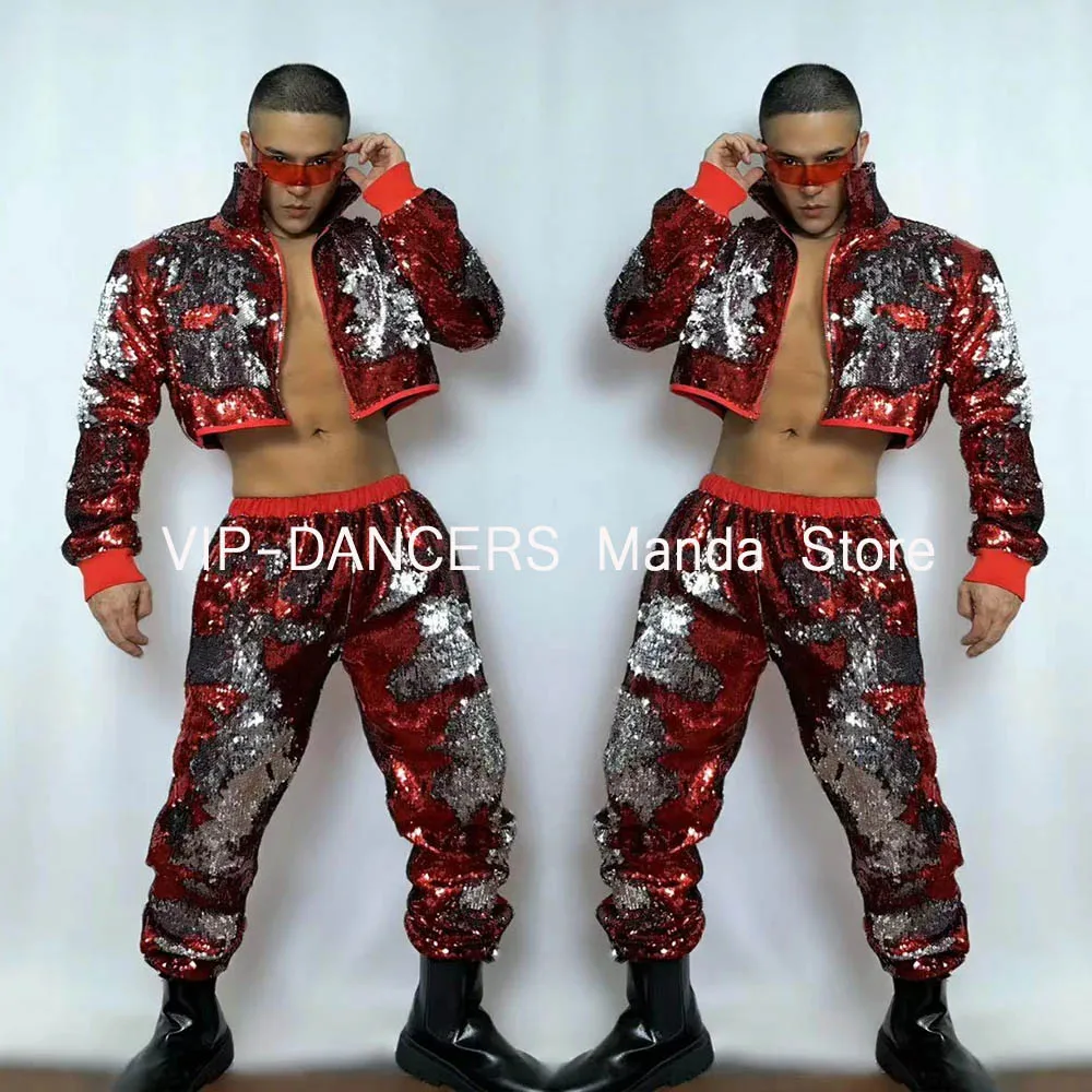 

Nightclub Jazz Dance Cotume Hip Hop Dance Suit Sexy Pole Dance Clothes Party Rave Outfit Male Red Jacket Gogo Dancewear