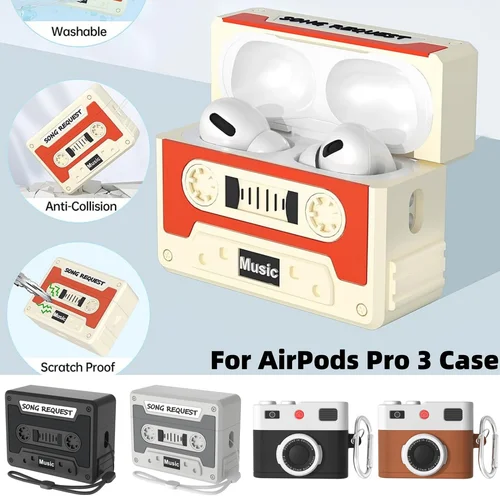 Imagen 1 del producto Funda protectora duradera de silicona suave con diseño de cámara Retro 3D para Airpods Pro 3 con herramientas de limpieza y mosquetón para AirPods Pro 3