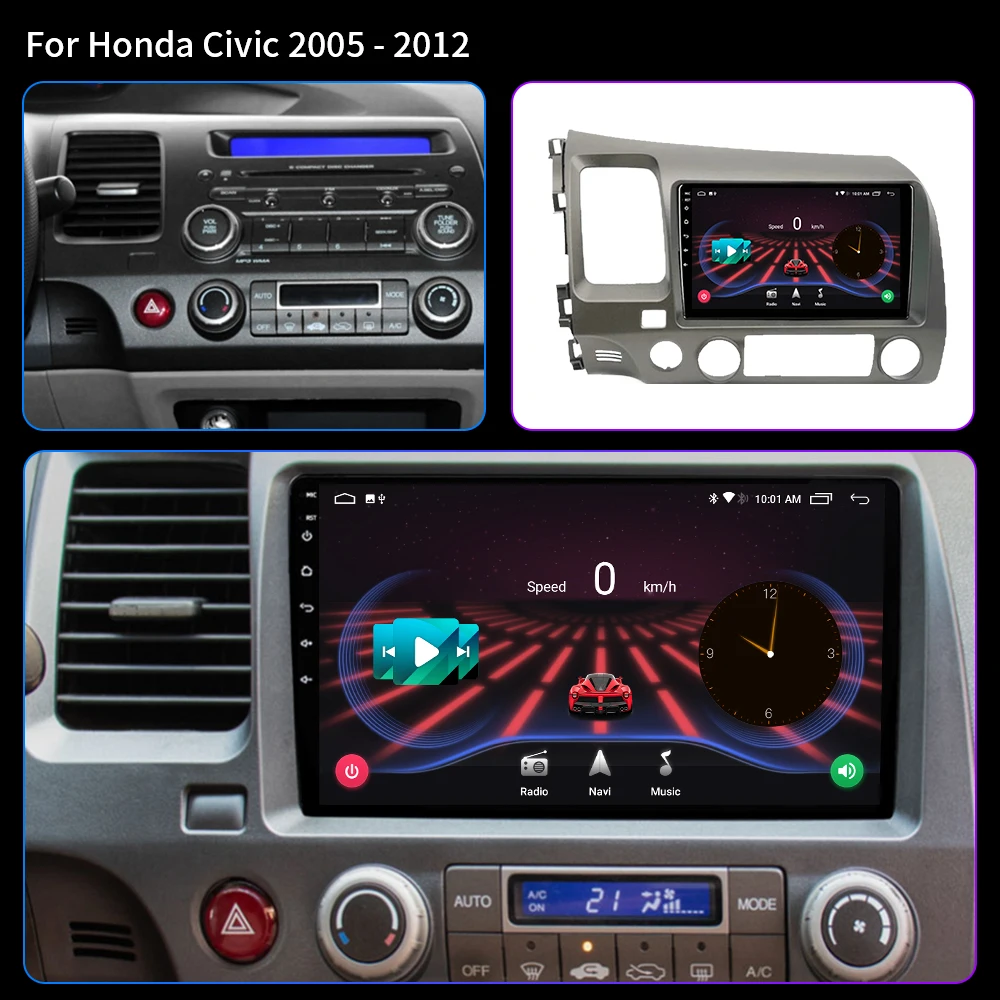 For Honda Civic 2005-2012 Android 12.0 4G AI Voice Carplay Car Radio Multimedia Video Player  Auto 4G GPS 2 Din Autor 9inch DVD