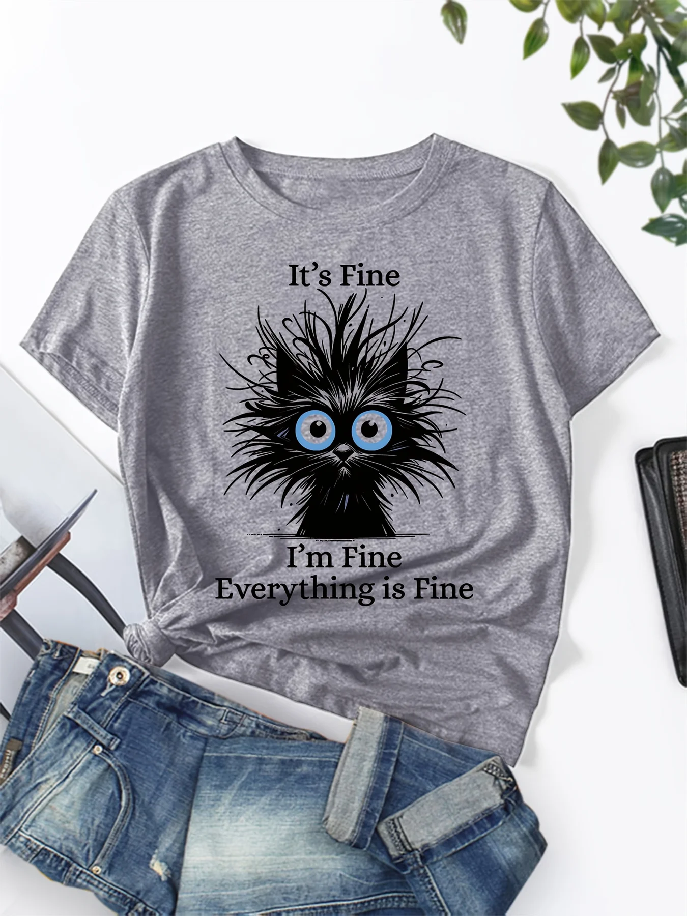 Summer women's 100% pure cotton satirical cat pattern printed casual and comfortable loose round neck short sleeved T-shirt top
