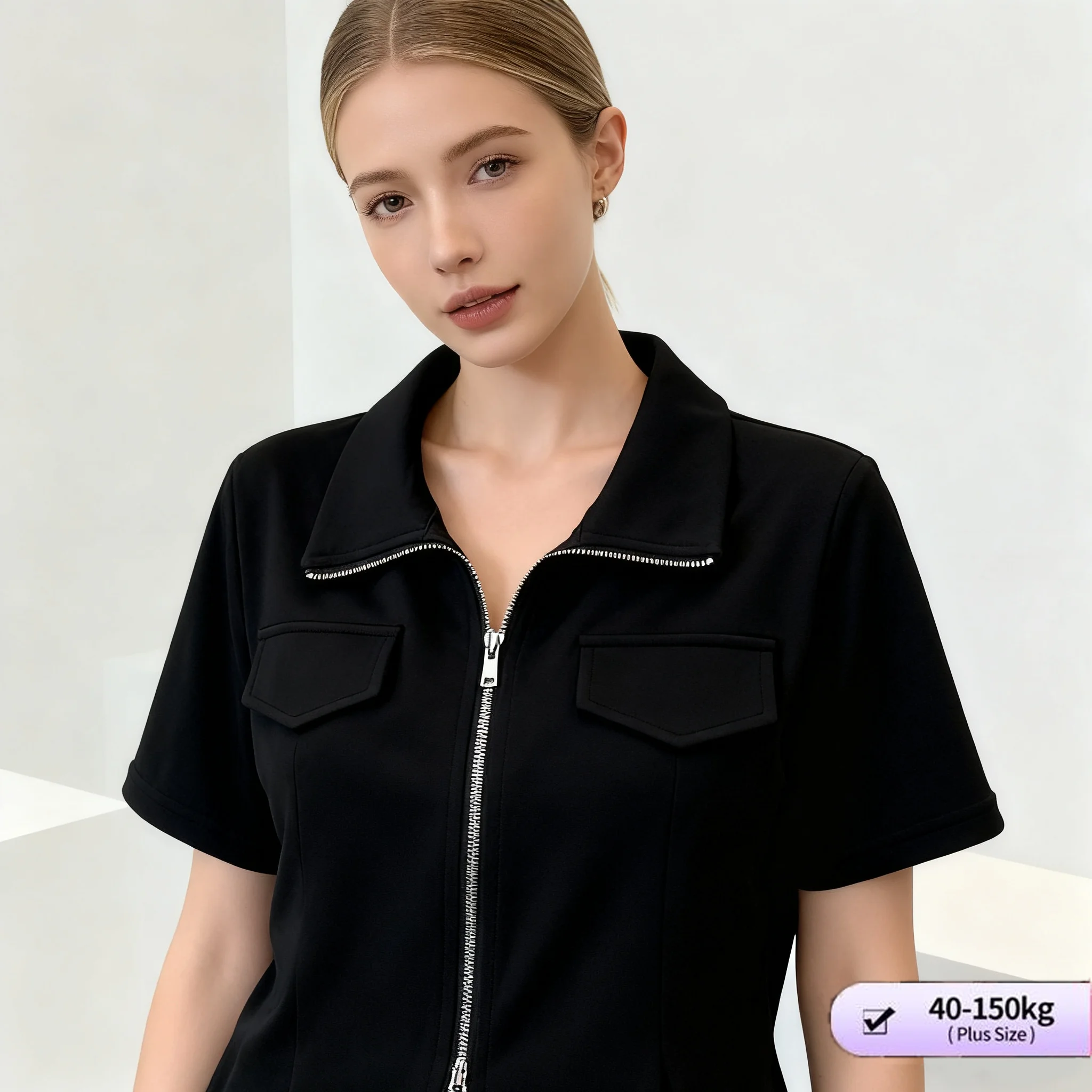 

【Рубашки поло больших размеров】 (40-150 кг) Необычная женская блузка с воротником-поло, простая футболка больших размеров, топы на молнии с короткими рукавами