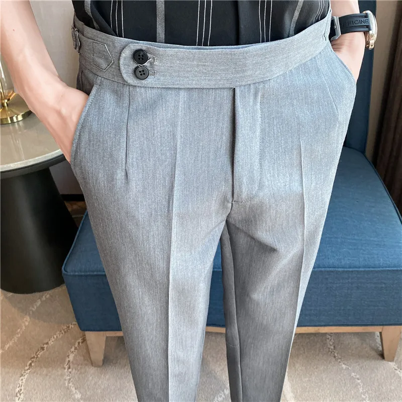 

English Naples High-waisted Saging Business Social Suit Pants Men Wedding Groom Dress Pants Slim Casual Straight Cropped Pants