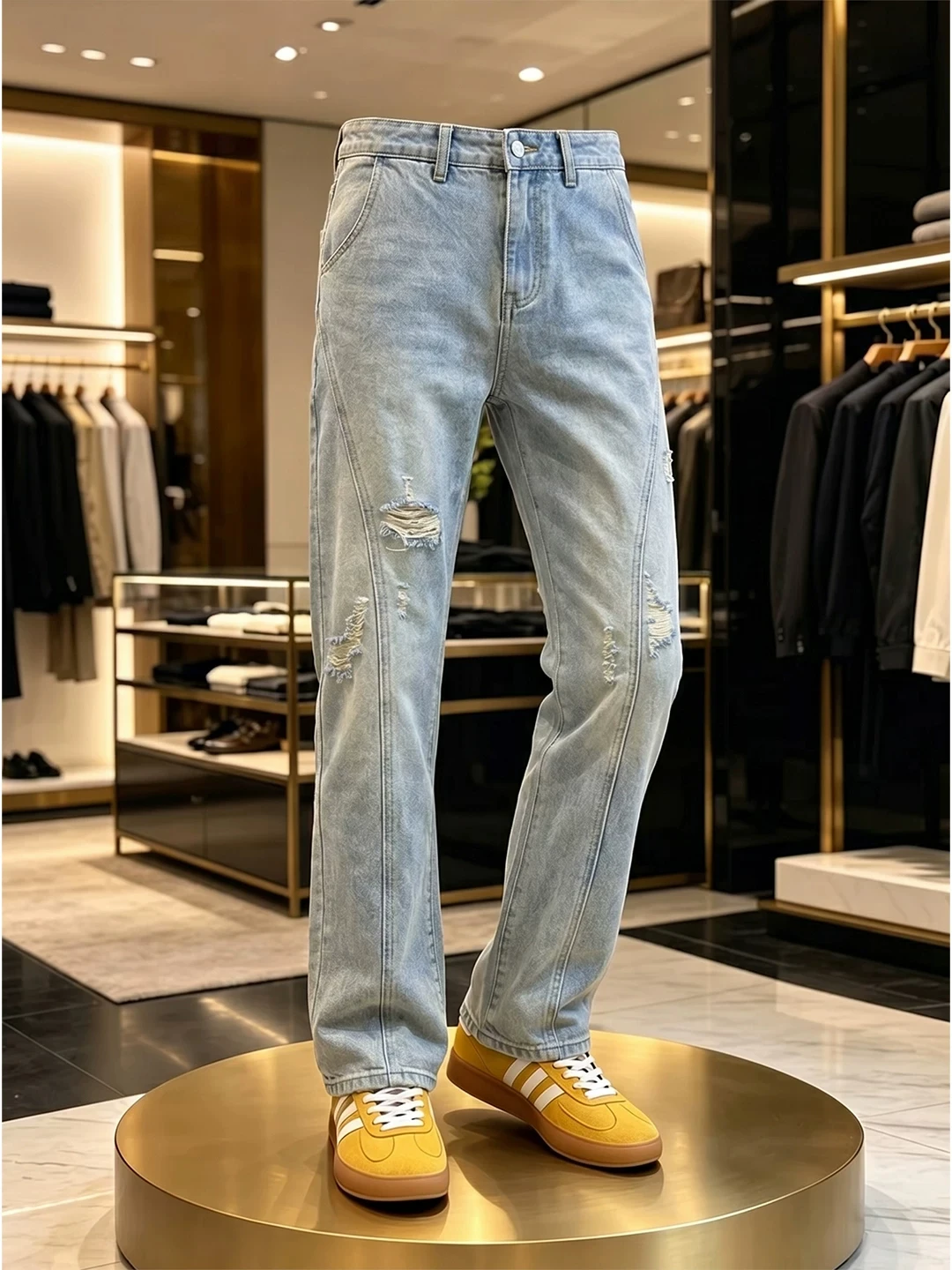 

Retro American Men's Jeans Slim Straight Leg Cut out Design Summer Thin Version Knife Denim Casual Wear Resistant And Du...