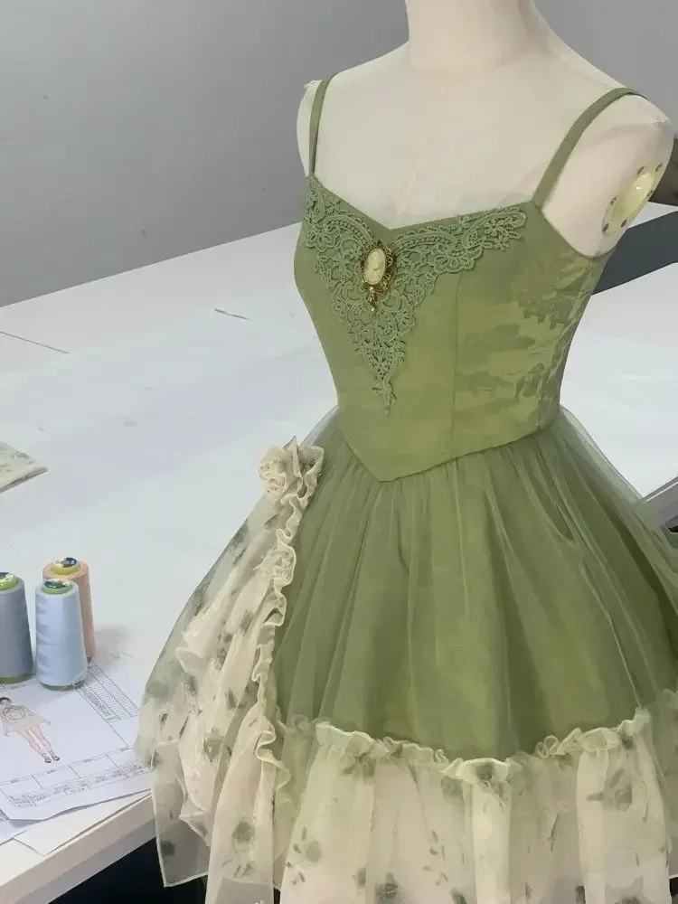 Women Green Fairy Style Dress Slim Fit Spaghetti Strap Lace Ruffle Hem Vintage Mesh Patchwork Elegant Kawaii Aesthetic Outfit